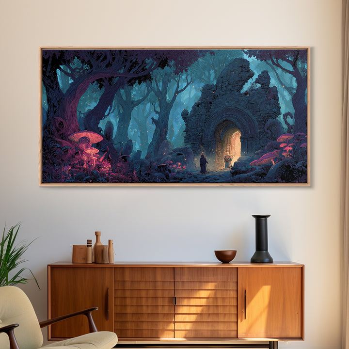 Enchanted Forest Portal Canvas Print, Mushroom Fantasy Wall Art, Magical Ruins Decor, Whimsical Fairy Tale Print For Kids Room