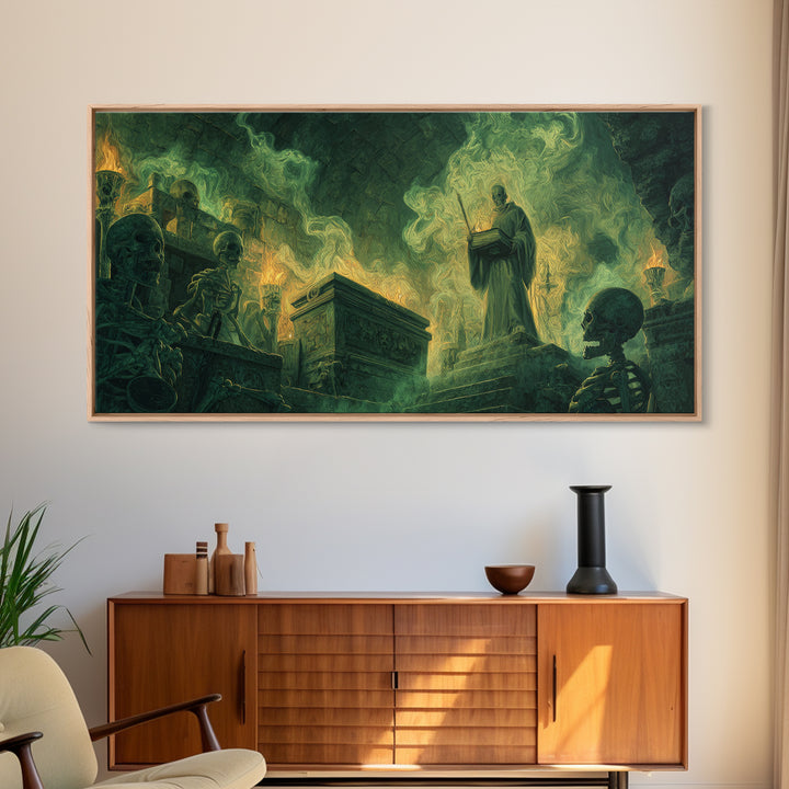 Green Necromancer Crypt Canvas Print, Skeleton Ritual Dark Fantasy Art, Gothic Wall Art, Occult Decor, Dungeons And Dragons Gift