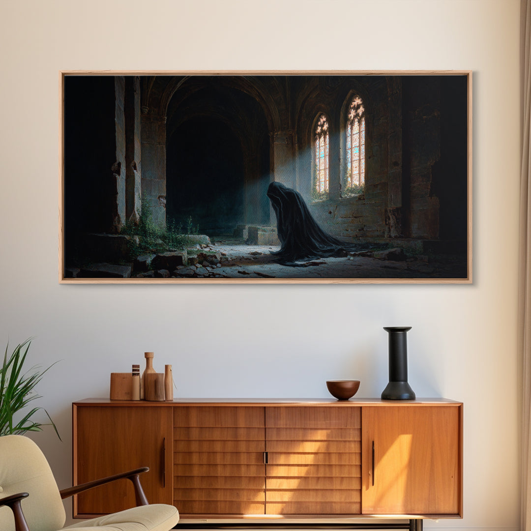 Hooded Figure In Ruined Gothic Cathedral Framed Canvas Print, Dark Academia Wall Art, Moody Spiritual Decor For Home Office