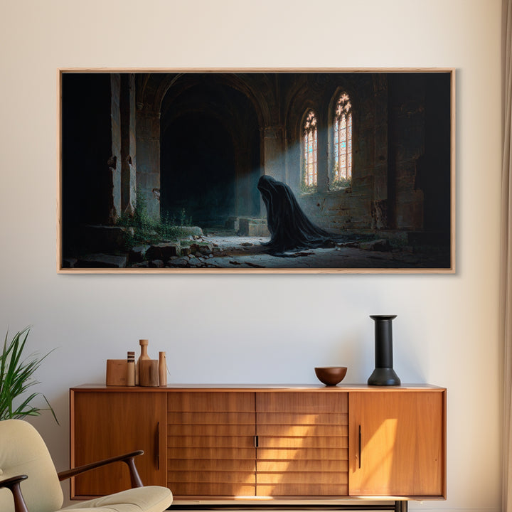 Hooded Figure In Ruined Gothic Cathedral Framed Canvas Print, Dark Academia Wall Art, Moody Spiritual Decor For Home Office
