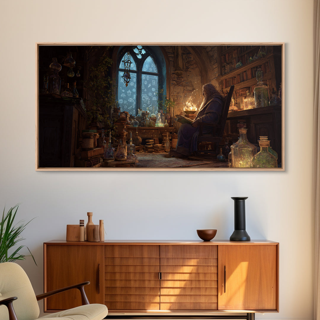 Wizard Library Wall Art, Dark Academia Fantasy Canvas Print, Magical Book Nook Decor, Cozy Reading Room Gift For Book Lover