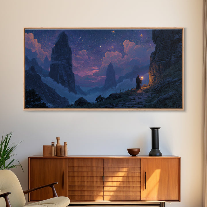 Starry Mountain Pass Canvas Print, Wizard Journey Wall Art, Fantasy Landscape Decor, Purple Night Sky Art Print For Bedroom