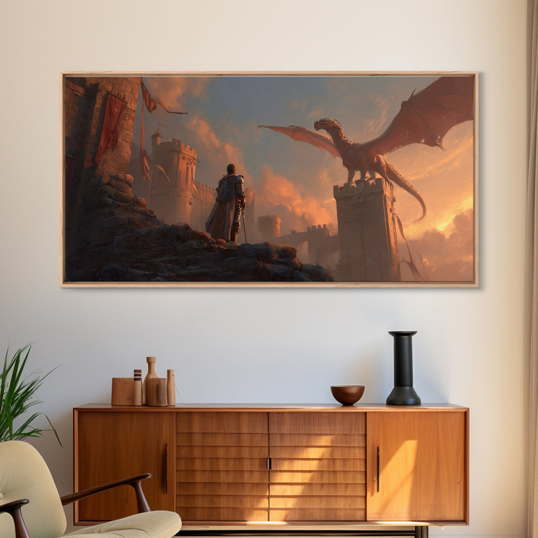 Dragon Over Castle Ramparts Canvas Print, Epic Fantasy Wall Art, Medieval Knight Decor, Dark Academia Gift For Him, Large Statement Artwork