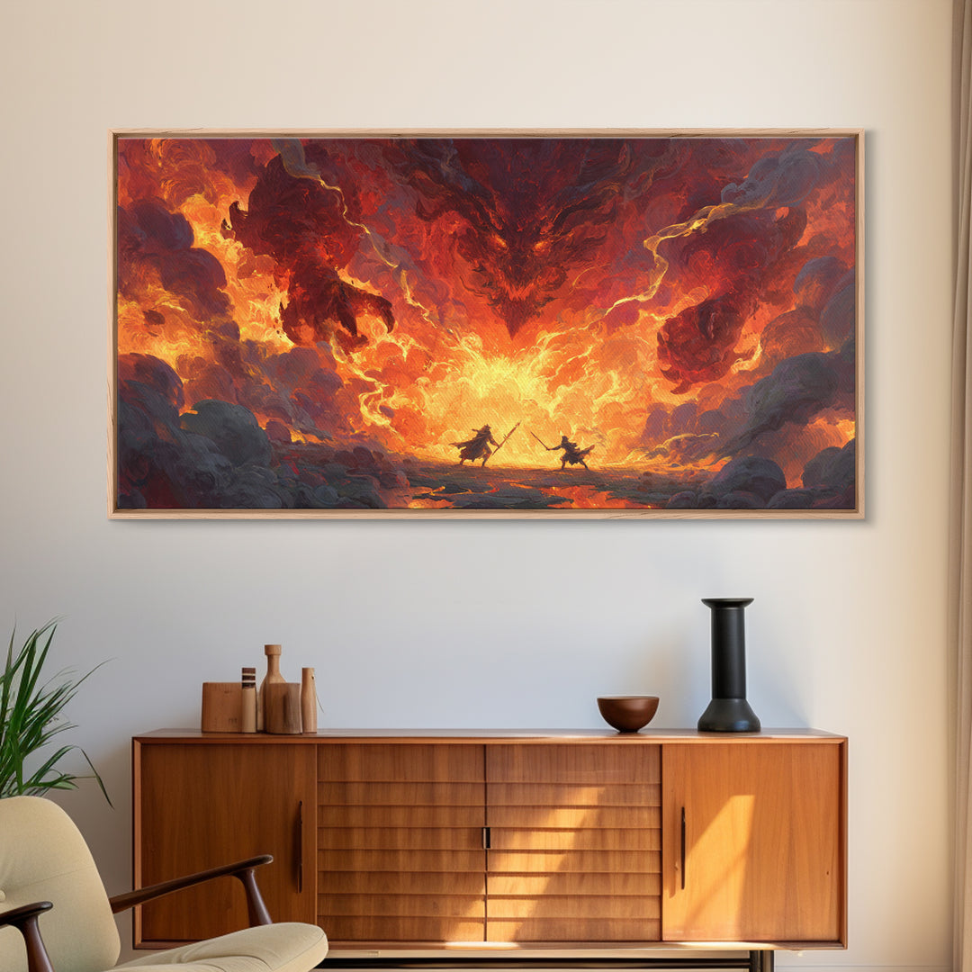 Fiery Demon Battle Scene Canvas Print, Dark Fantasy Wall Art, Dragon Artwork, Gothic Decor, Gaming Room Statement Art, Large Wall Art