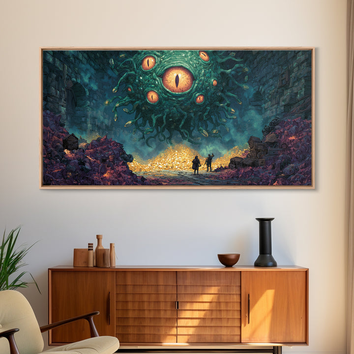 Floating Eyed Monster Over Gold Hoard Canvas Print, Dark Fantasy Wall Art, Dungeon Decor, Gaming Room Art, Gift For Gamer