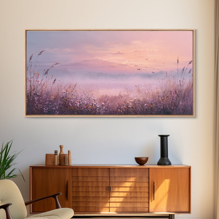 Misty Pink Sunrise Meadow Landscape Wall Art, Wildflower Canvas Print, Nature Wall Decor, Calming Bedroom Decor Gift For Her