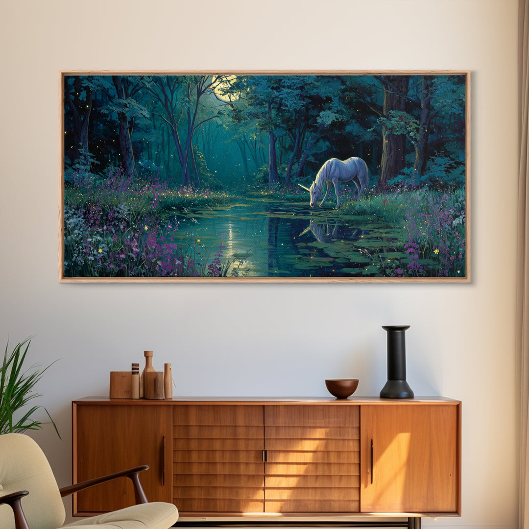 Moonlit Unicorn Forest Pond Wall Art, Enchanted Fantasy Landscape Canvas, Whimsical Nursery Decor, Magical Gift For Her Art