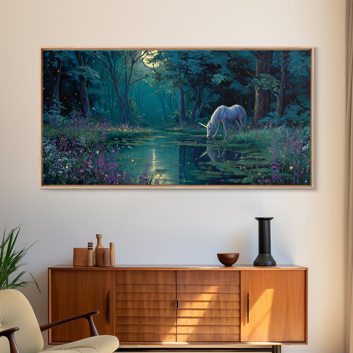 Moonlit Unicorn Forest Pond Wall Art, Enchanted Fantasy Landscape Canvas, Whimsical Nursery Decor, Magical Gift For Her Art