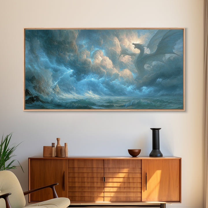 Storm Dragon Above Raging Ocean Canvas Print, Epic Fantasy Wall Art, Moody Seascape Decor For Living Room And Office Decor