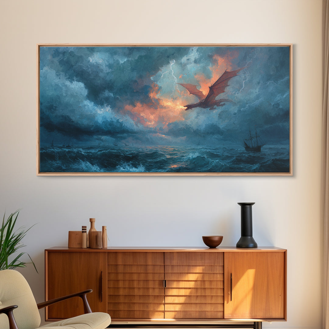 Storm Dragon Flying Over Ocean Ship Canvas Print, Fantasy Wall Art, Nautical Seascape Decor, Dramatic Coastal Art, Gift For Him