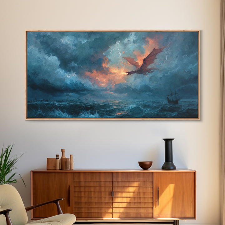 Storm Dragon Flying Over Ocean Ship Canvas Print, Fantasy Wall Art, Nautical Seascape Decor, Dramatic Coastal Art, Gift For Him