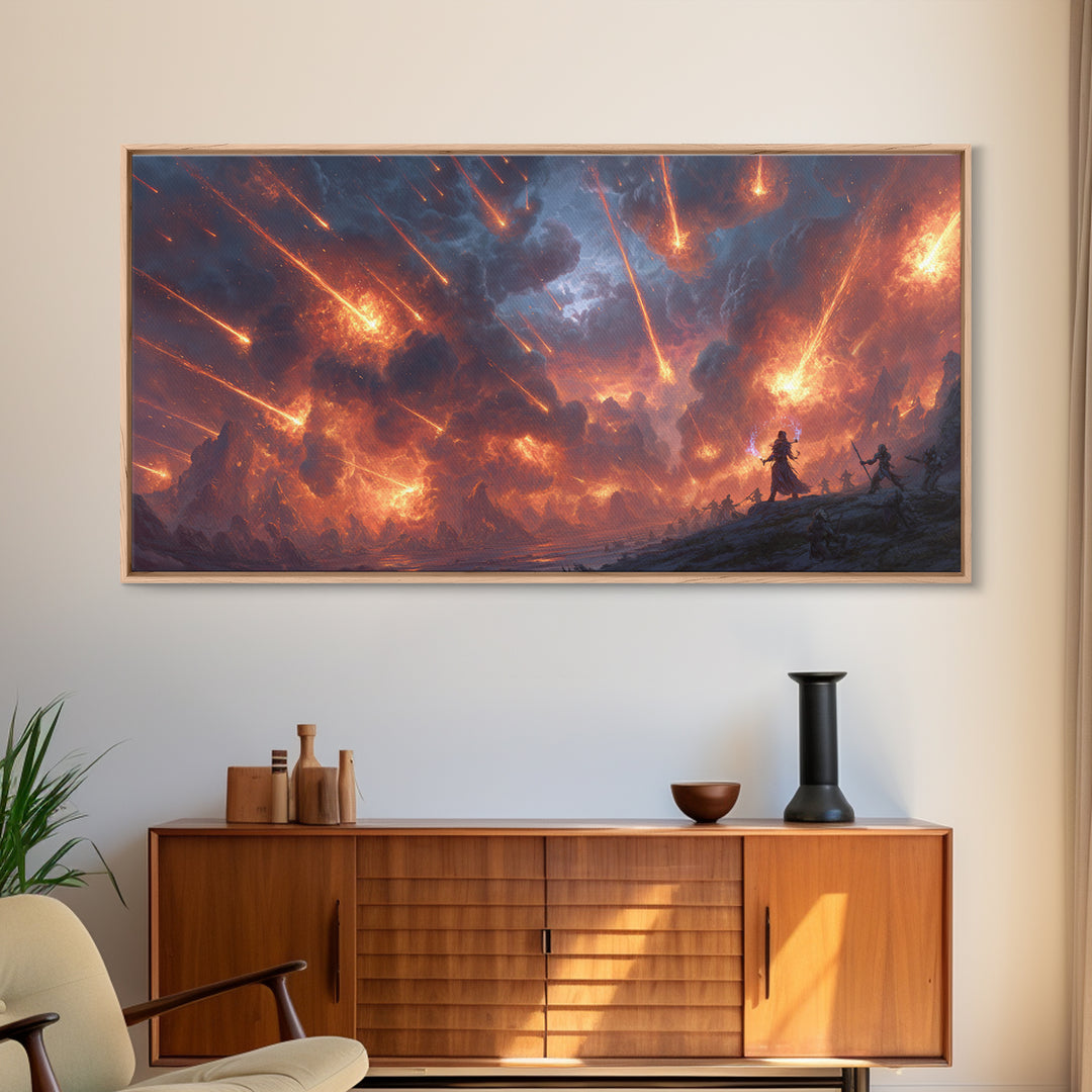Meteor Storm Apocalypse Canvas Print, Fiery Fantasy Battlefield Scene, Dark Fantasy Art, Gaming Room Decor, Statement Wall Art