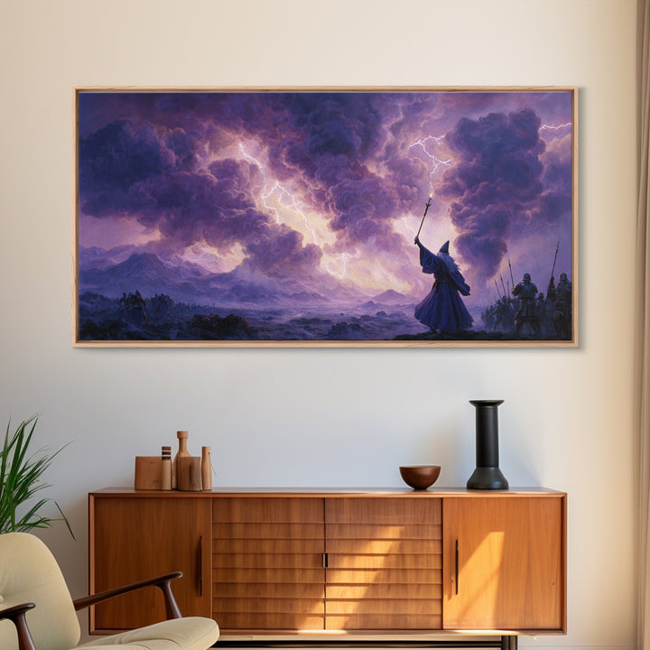 Wizard Lightning Storm Canvas Print, Epic Fantasy Wall Art, Dark Magic Battle Scene, Dramatic Landscape Decor For Game Room