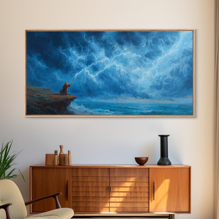 Lone Mage Facing Lightning Storm Wall Art, Fantasy Seascape Canvas, Blue Ocean Painting, Dramatic Large Wall Decor For Him