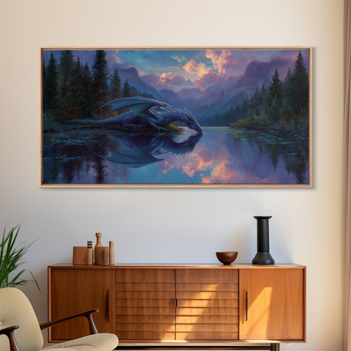 Blue Dragon Resting By Moonlit Lake Canvas Print, Fantasy Wildlife Art Print, Mystical Mountain Decor For Nursery Or Bedroom