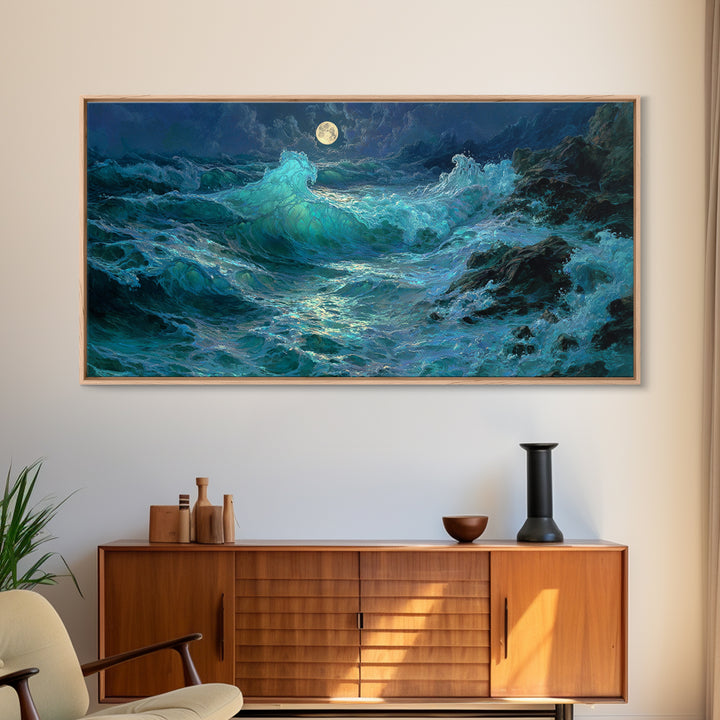 Moonlit Turquoise Ocean Waves Canvas Print, Coastal Wall Art, Seascape Painting, Nautical Decor, Moody Beach House Gift Idea