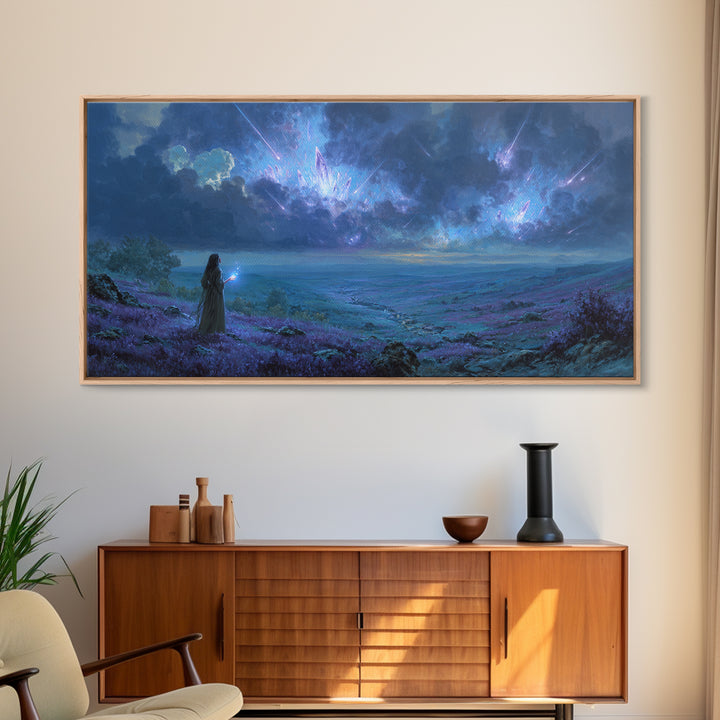 Cosmic Sorceress Under Meteor Sky Wall Art, Fantasy Landscape Canvas, Celestial Space Decor, Mystical Blue Home Decor Gift