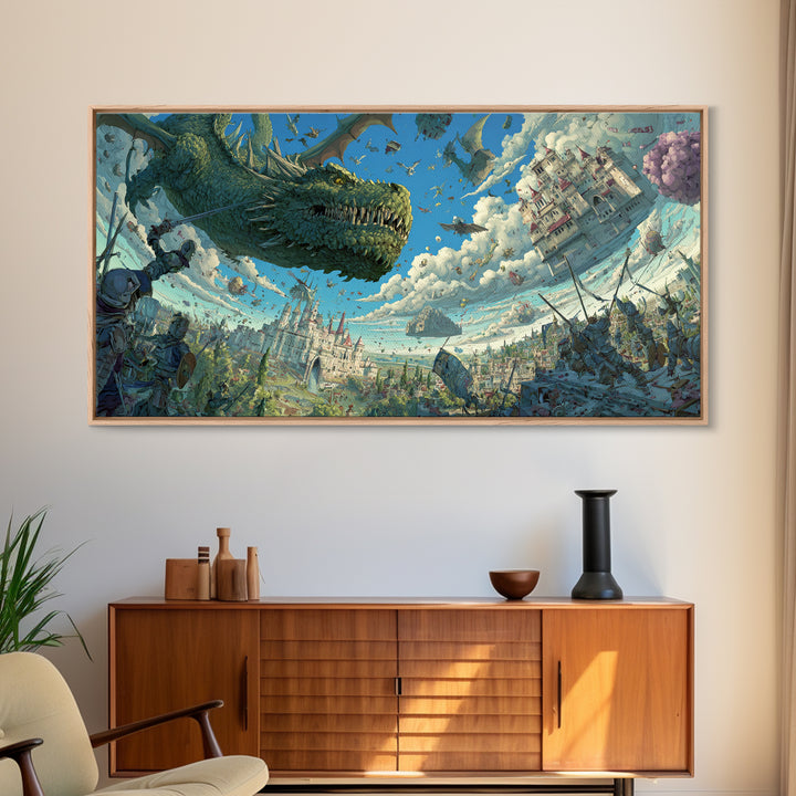 Skyborne Dragon Over Floating Castle Canvas Print, Whimsical Fantasy Wall Art, Surreal Art Print, Kids Room Decor, Nursery Decor