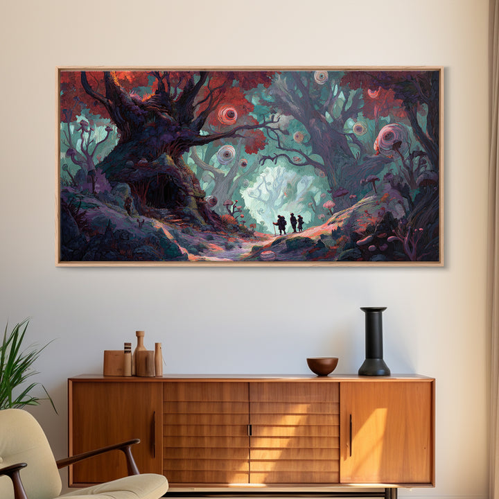 Enchanted Forest Path With Glowing Orbs Wall Art, Fantasy Woodland Canvas Print, Whimsical Fairy Tale Home Decor, Living Room Decor