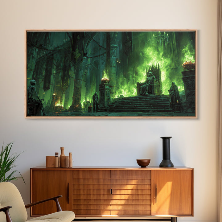 Emerald Gothic Throne Room With Skeletons Canvas Print, Dark Fantasy Art, Moody Wall Decor, Surreal Statement Art For Living Room