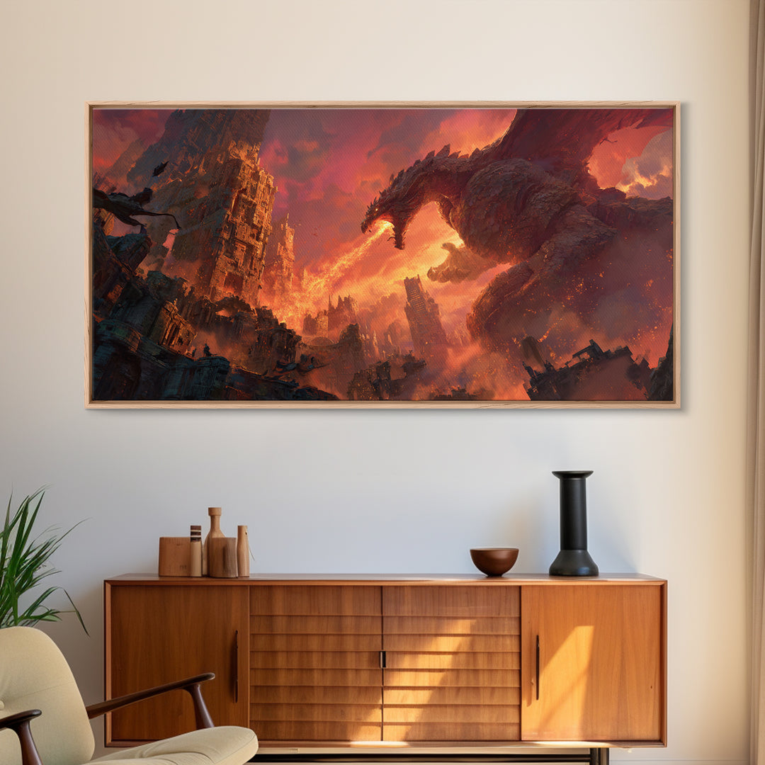 Fire Breathing Dragon Over Ruined City Canvas Print, Dark Fantasy Wall Art, Apocalyptic Decor, Gaming Room Statement Art