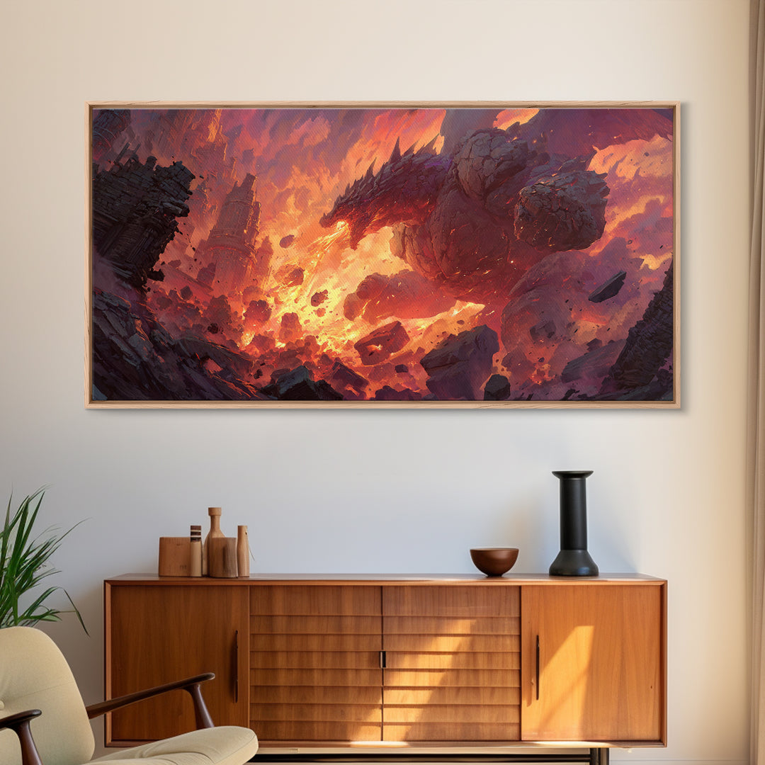 Fire Dragon Rising From Ruins Wall Art, Dark Fantasy Canvas Print, Epic Mythical Decor For Gamer Room And Statement Wall