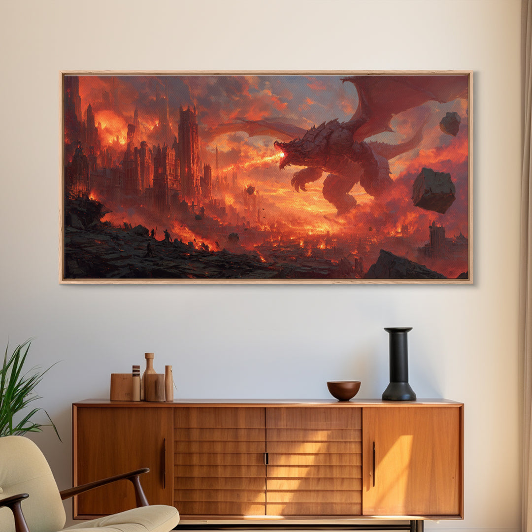 Fire Breathing Dragon Over Burning City Canvas Print, Dark Fantasy Wall Art, Epic Gothic Decor, Gaming Room Gift For Him