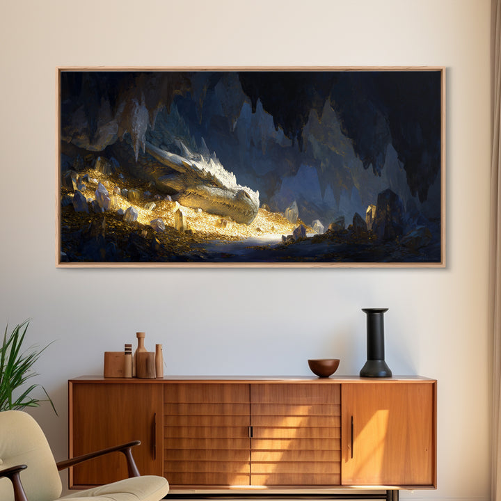 Sleeping Dragon In Golden Cave Wall Art, Fantasy Canvas Print, Mythical Creature Decor, Dark Academia Home Decor, Gift For Him