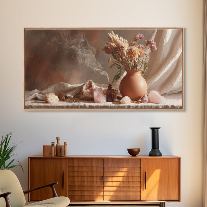 Dried Flowers And Rose Quartz Still Life Wall Art, Boho Apothecary Decor, Neutral Botanical Canvas Print, Gift For Her, Modern Home Decor
