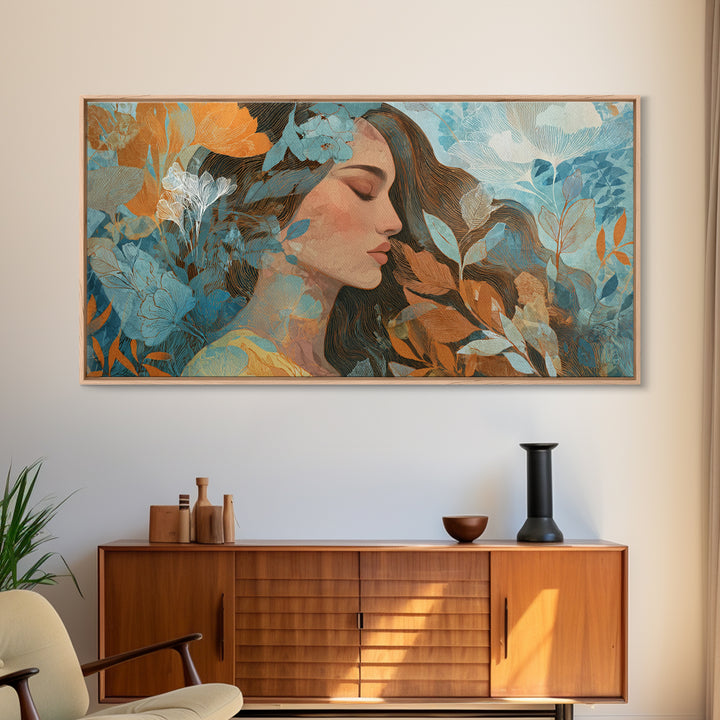 Serene Woman With Blue Botanicals Canvas Print, Abstract Floral Portrait, Modern Wall Art For Living Room Decor, Gift For Her