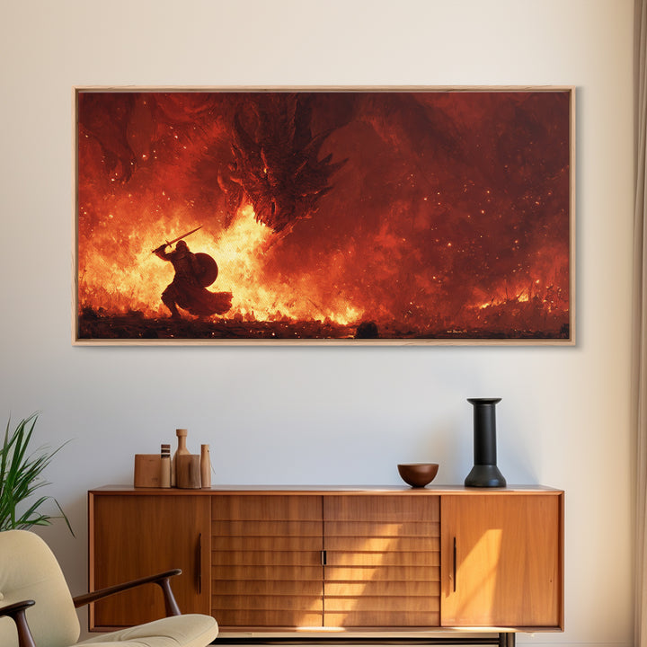 Dragon Fire Battle Canvas Print, Epic Fantasy Wall Art, Warrior Vs Dragon Painting, Dark Fantasy Home Decor Gift For Gamer Room