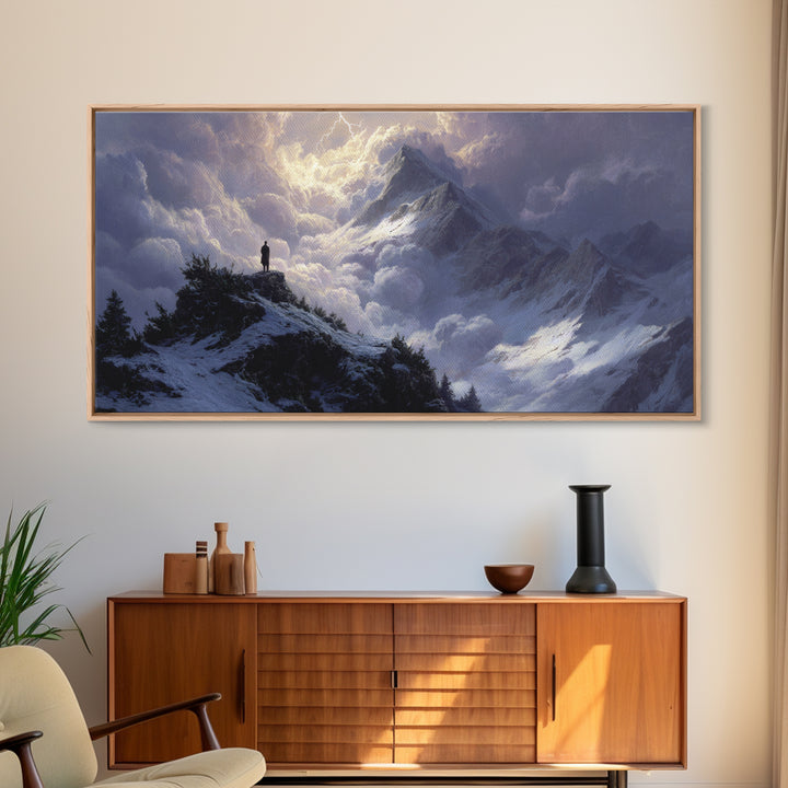 Stormy Snow Mountain Landscape Wall Art, Dramatic Alpine Canvas Print, Moody Nature Decor, Adventure Gift For Him, Living Room Decor