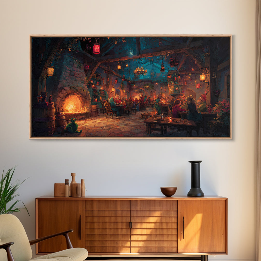 Cozy Medieval Tavern Wall Art, Fantasy Inn Canvas Print, Fireplace Pub Decor, Dungeons And Dragons Game Room Gift For Him, Man Cave Decor