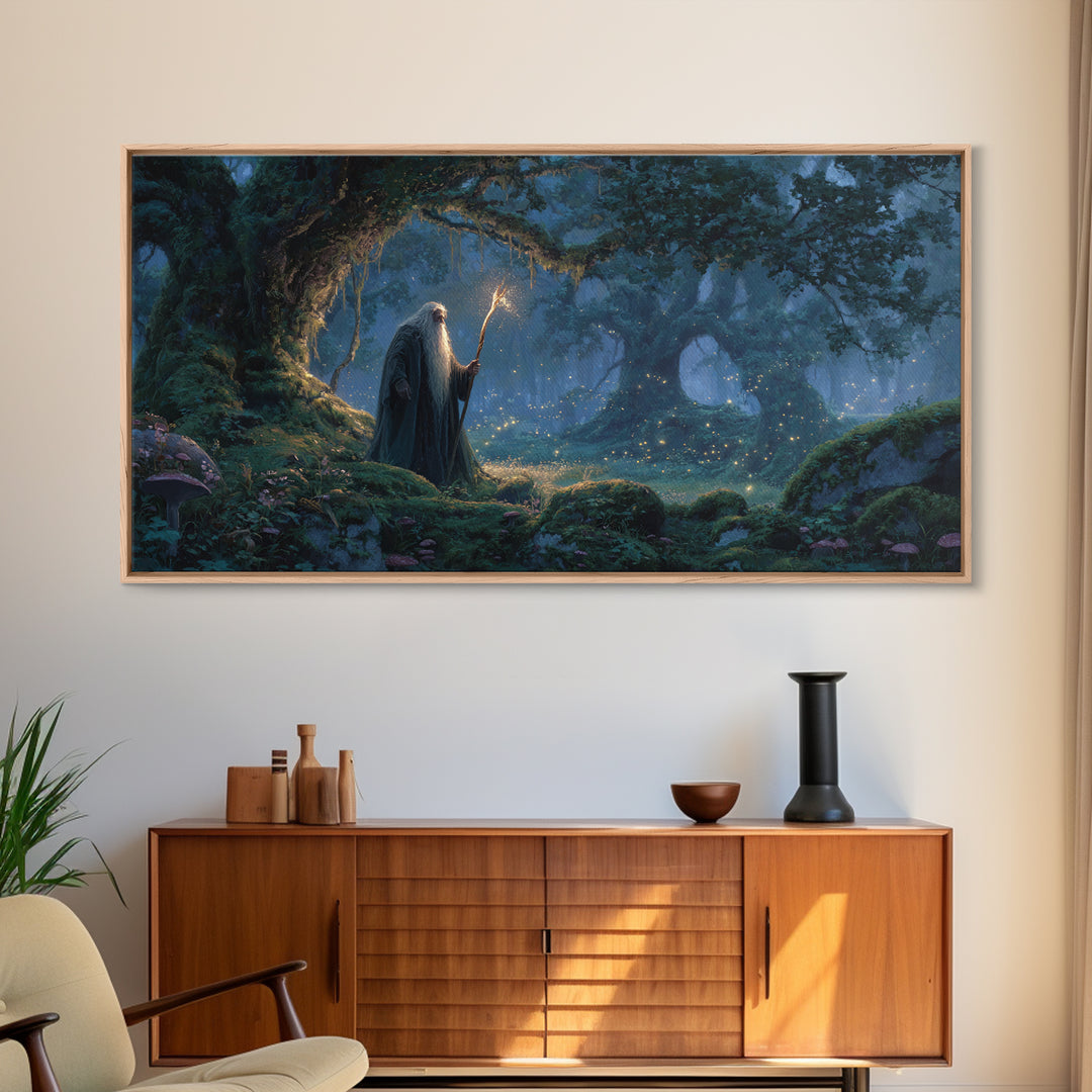 Wizard In Moonlit Enchanted Forest Canvas Print, Fantasy Wall Art, Magical Woodland Decor For Cozy Reading Nook Gift For Her