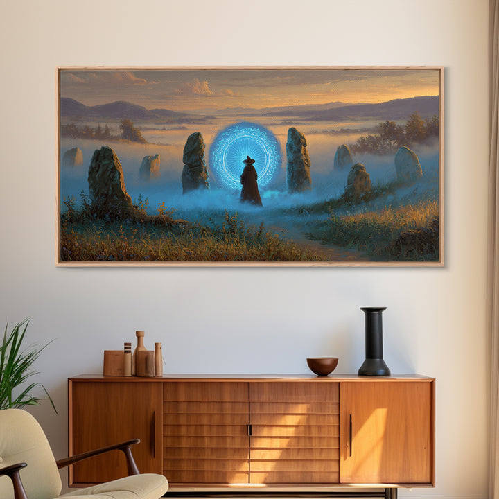 Mystic Portal Stone Circle Canvas Print, Blue Magical Landscape Wall Art, Fantasy Decor, Witchy Celestial Art Print Gift