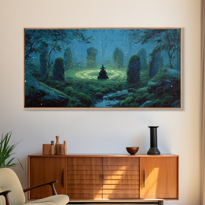 Glowing Stone Circle Witch In Enchanted Forest Canvas Print, Mystical Wall Art, Pagan Decor, Magical Nursery Art, Whimsical Home Decor