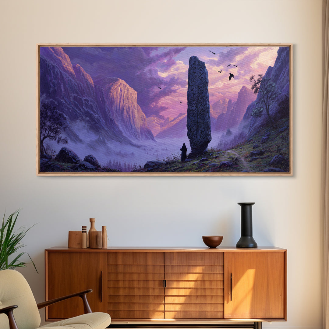 Ancient Rune Monolith Mountain Valley Canvas Print, Epic Fantasy Landscape Wall Decor, Purple Mist Adventure Art For Game Room