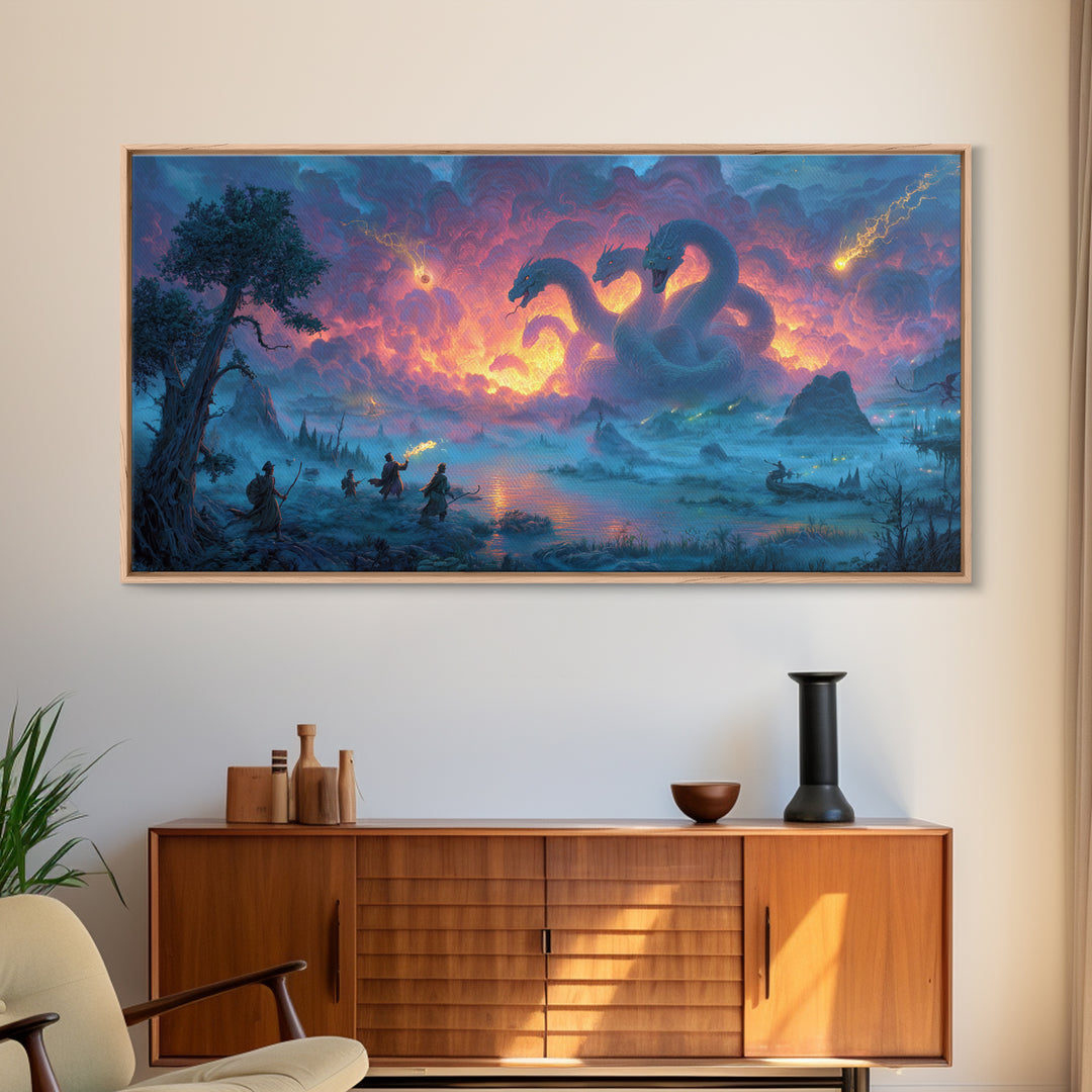 Three Headed Hydra Lake Wall Art, Epic Fantasy Canvas Print, Dragon Battle Decor, Mythical Creature Art For Game Room Decor