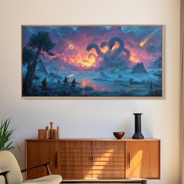 Three Headed Hydra Lake Wall Art, Epic Fantasy Canvas Print, Dragon Battle Decor, Mythical Creature Art For Game Room Decor