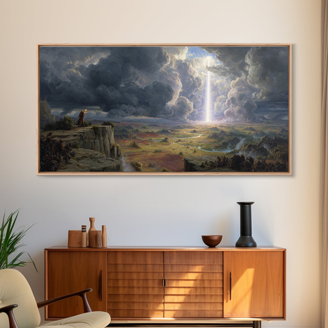 Divine Light Over Epic Battlefield Canvas Print, Fantasy Landscape Wall Art, Dark Academia Decor, Statement Artwork, Large Wall Art