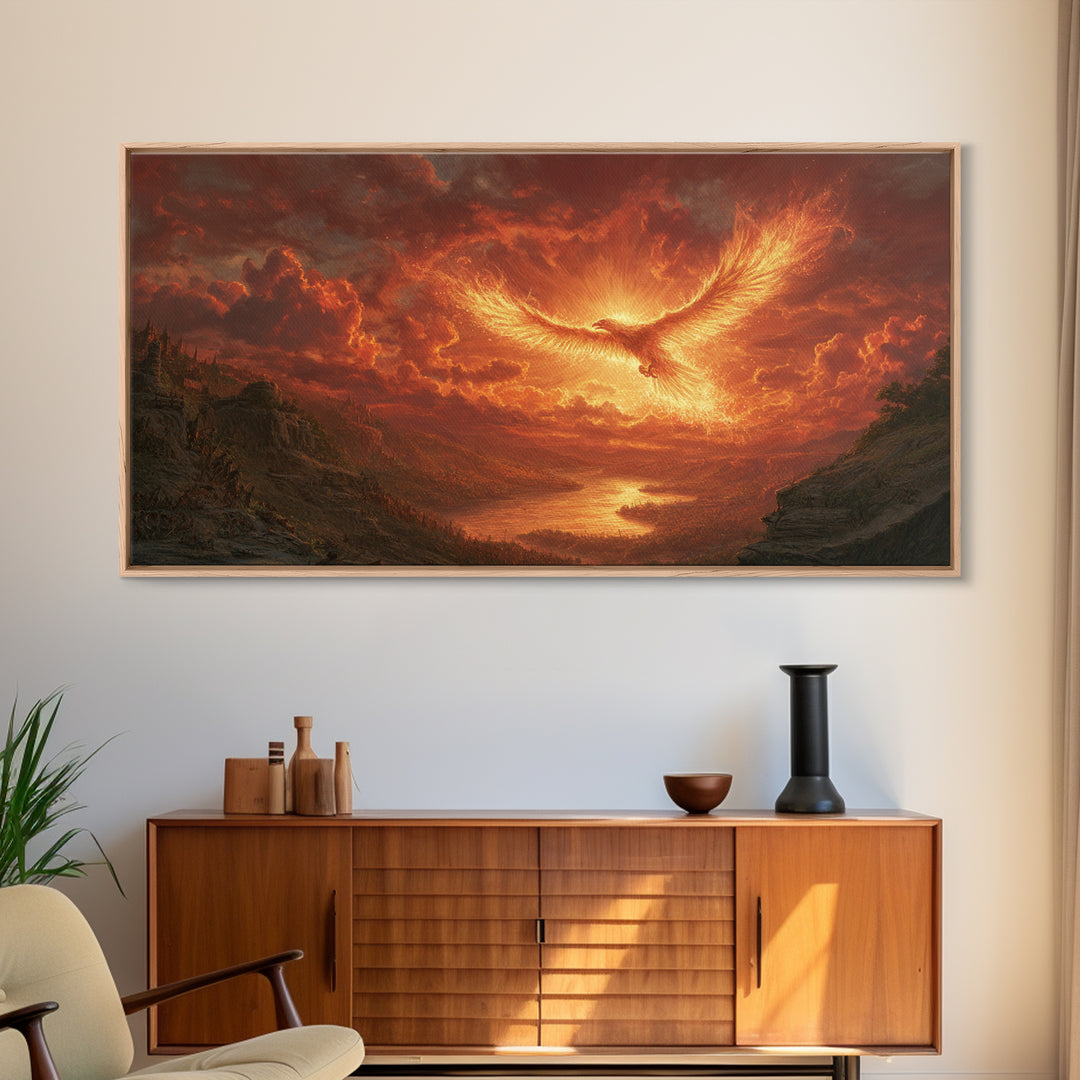 Fiery Phoenix Over Epic Valley Canvas Print, Fantasy Wall Art, Mythical Bird Painting For Gaming Room And Dramatic Home Decor