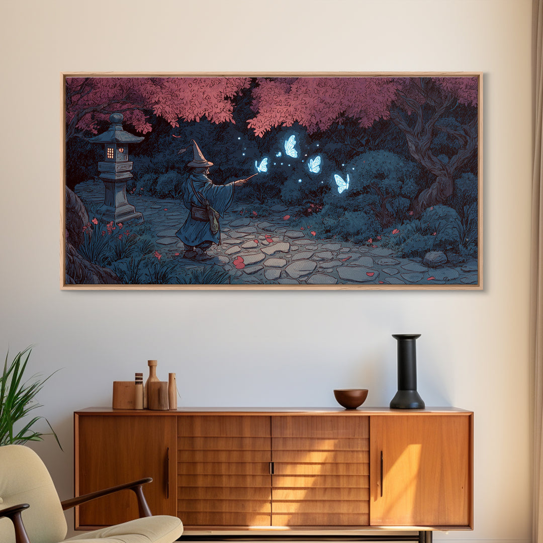 Wizard In Cherry Blossom Garden Wall Art, Magical Blue Butterfly Canvas Print, Japanese Fantasy Decor For Kids Room And Nursery