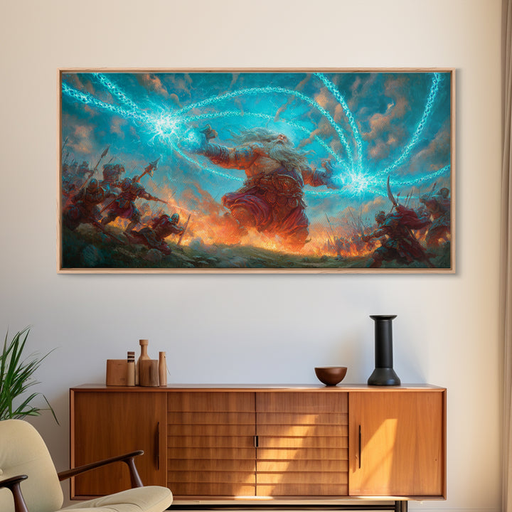Giant Storm Mage Casting Lightning Canvas Print, Epic Fantasy Wall Art For Gaming Room Decor And Dramatic Statement Artwork