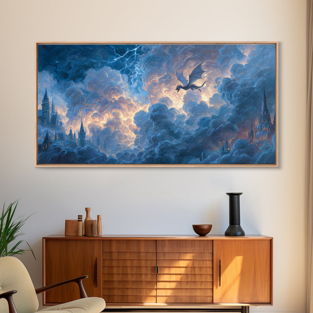 Storm Dragon Soaring Over Cloud Castles Framed Canvas Print, Fantasy Wall Art, Dramatic Sky Art, Medieval Home Decor, Gift For Him