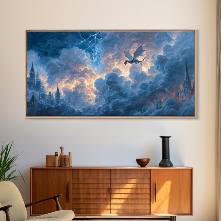 Storm Dragon Soaring Over Cloud Castles Framed Canvas Print, Fantasy Wall Art, Dramatic Sky Art, Medieval Home Decor, Gift For Him
