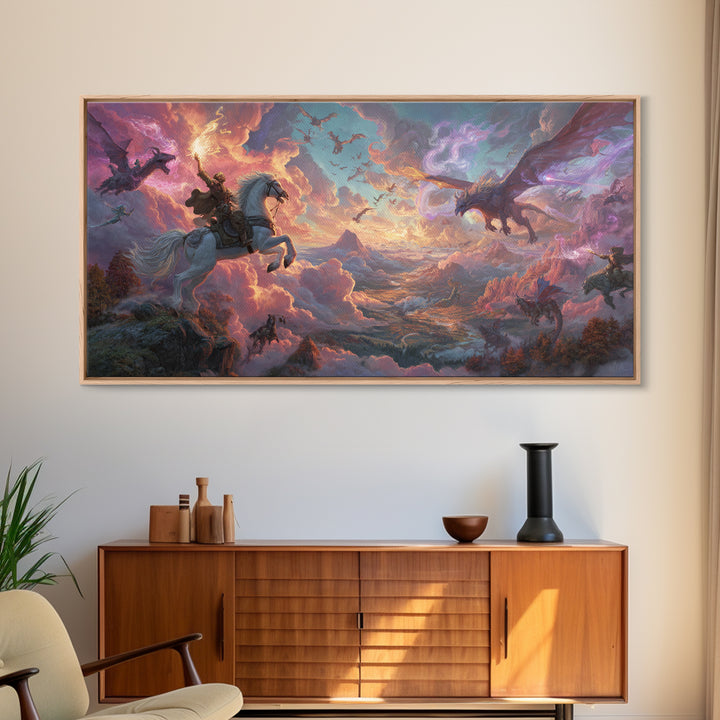 Knight And Dragons Battle Wall Art, Winged Fantasy Sky Canvas, Epic Medieval Adventure Decor, Large Mythical Art Print Gift