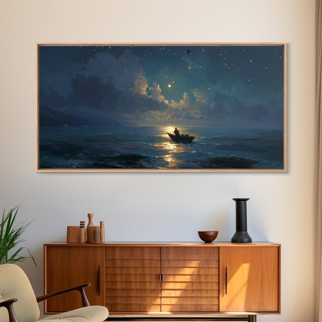 Moonlit Ocean Boat Under Starry Sky Wall Art, Celestial Seascape Canvas Print, Nautical Decor, Romantic Coastal Artwork Gift
