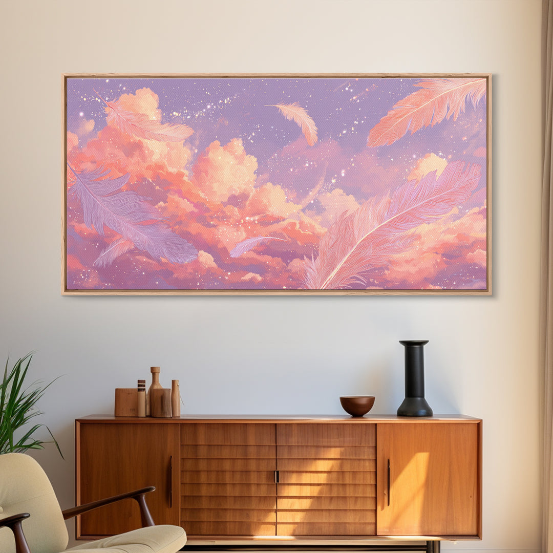 Peach Pink Cloudscape With Feathers Wall Art, Celestial Pastel Sky Canvas Print, Dreamy Nursery And Bedroom Decor, Gift For Her