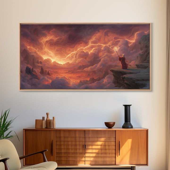 Wizard On Cliff Above Fiery Clouds Wall Art, Epic Fantasy Landscape, Mystical Magic Decor, Dramatic Canvas Print, Gift For Him