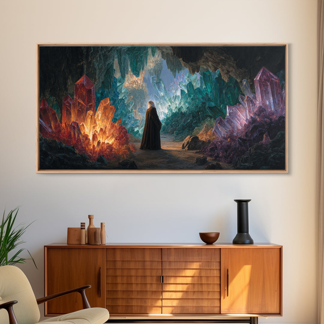 Glowing Crystal Cavern Wall Art, Fantasy Cave Canvas Print, Jewel Tone Decor, Mystical Landscape, Unique Gift For Her Decor